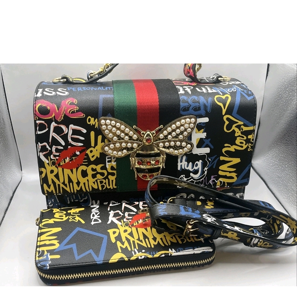 Stylish Multicolor Graffiti Handbag and Wallet Set